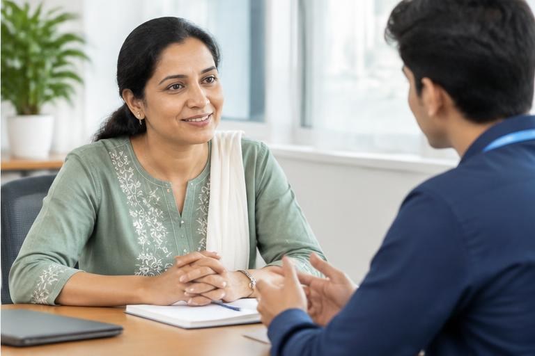 An Indian adult learner discussing education opportunities with a counsellor