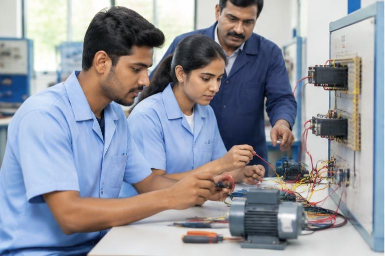 Indian learners receiving practical electrical training — illustrative learning photograph