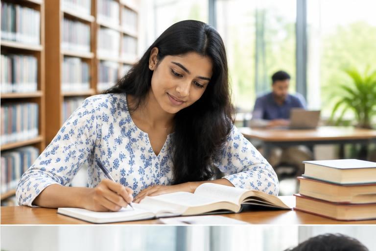 Indian students studying in a bright library — illustrative learning photograph