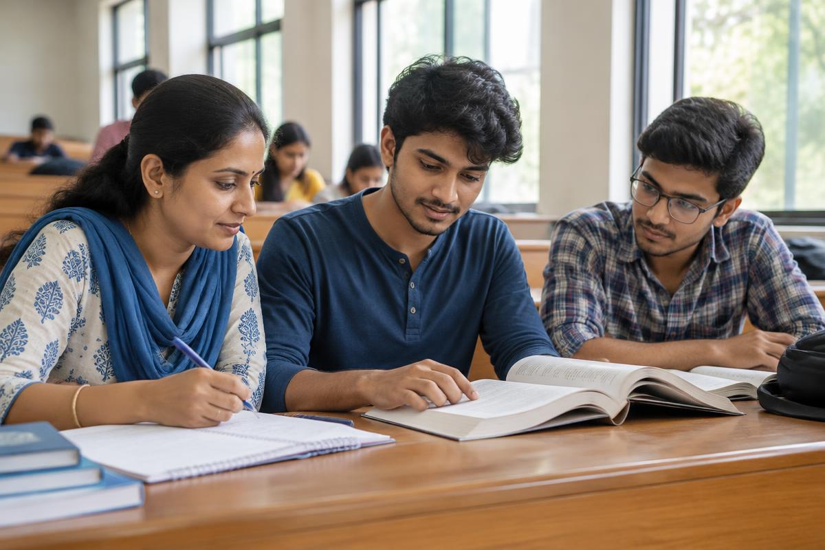 Indian adult learners studying together in a university lecture hall — illustrative learning photograph