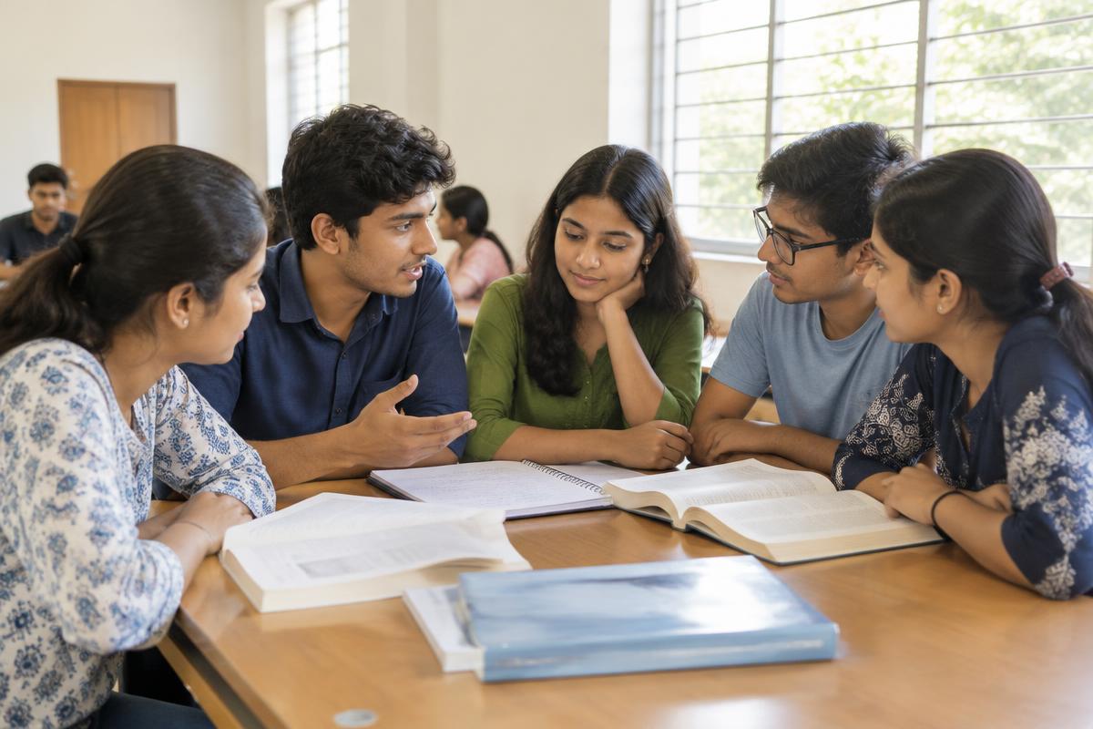 Indian college students discussing textbooks around a study table — illustrative learning photograph