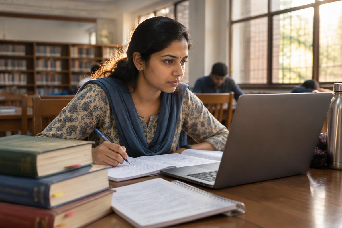 Indian postgraduate student writing notes beside a laptop in a library — illustrative learning photograph
