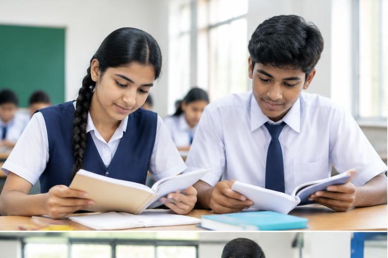 Indian school students reading together in a bright classroom — illustrative learning photograph